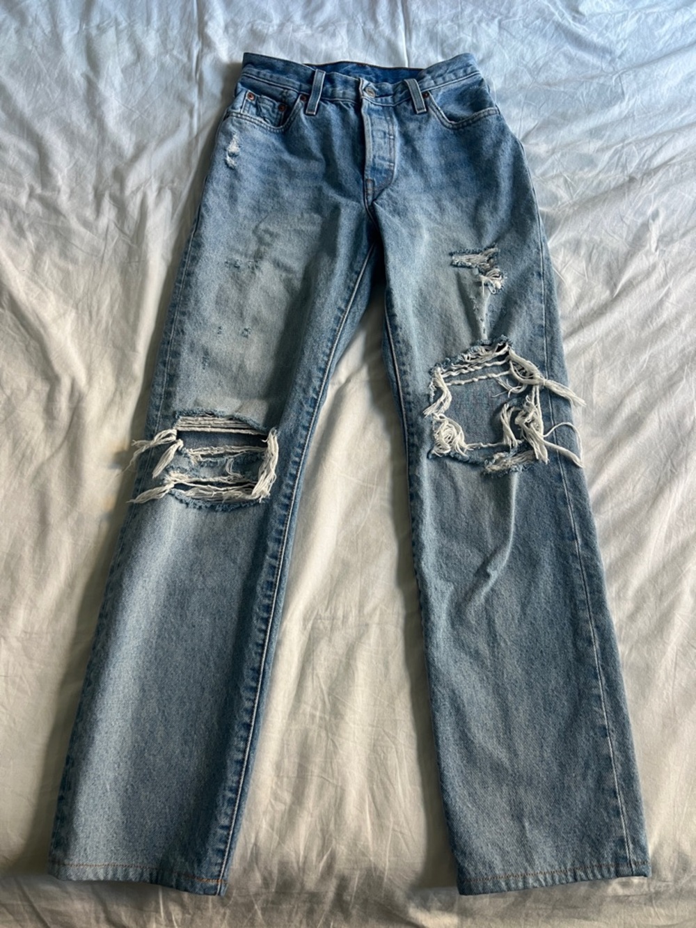 Levi's 501 Light Blue Distressed Straight Leg Jeans
